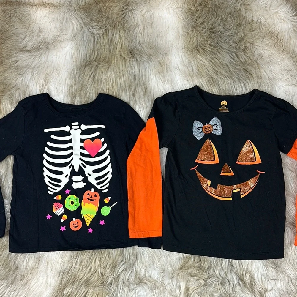 Girls Halloween Shirt Lot Size 5/6 Skeleton Pumpkin Long Sleeve Tops